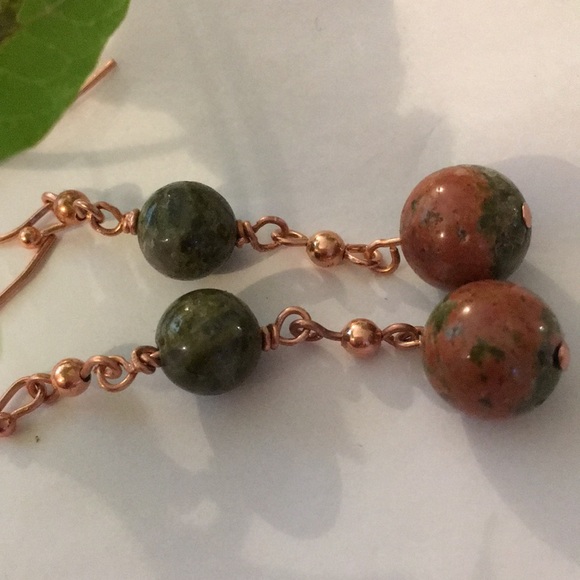 Copper &Natural Unakite gemstone earrings. - Picture 3 of 3